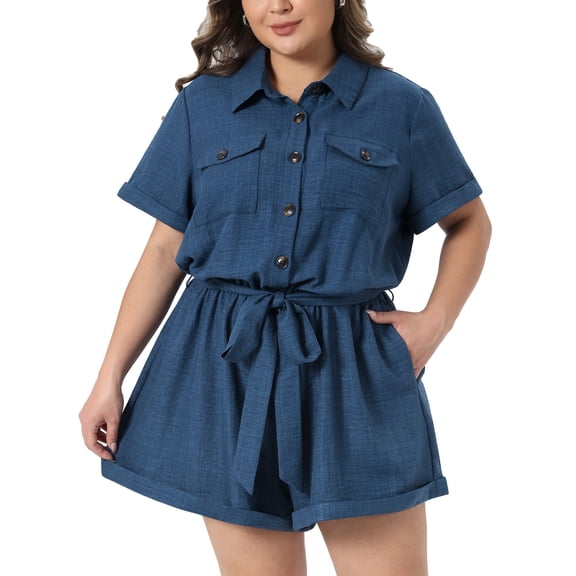 DARING DIVA Women's Plus Button Down Roll Short Sleeve Belted Jumpsuits 1X Dark Blue