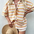 thumbnail image 5 of Karymi Shirts for Women 2-Piece Knit Outfit, Striped Openwork Short Sleeve Top + Elastic Waist Shorts with Pockets, Casual Summer Beach Set Blouses for Women, 5 of 6