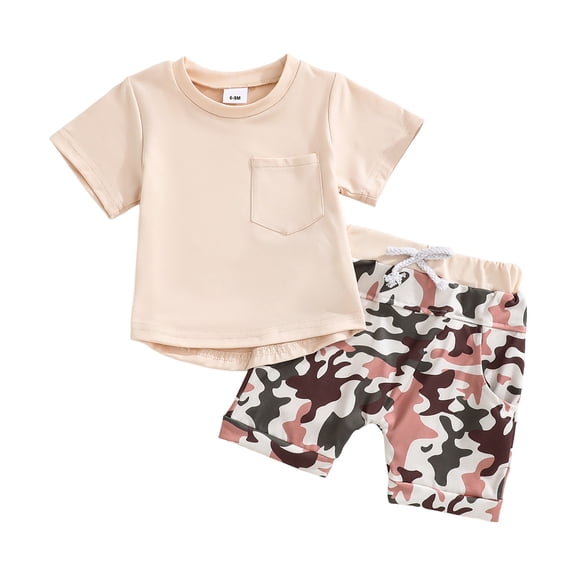 Toddler Boy Summer Outfit for 2-3 Years Infant Baby Boy Summer Set 0 6 12 18 24 Months 2T 3T Beach Style Tree Print Short Sleeve Crew Neck T-Shirts and Elastic Waist Shorts 2Pcs Gift,A190-Beige