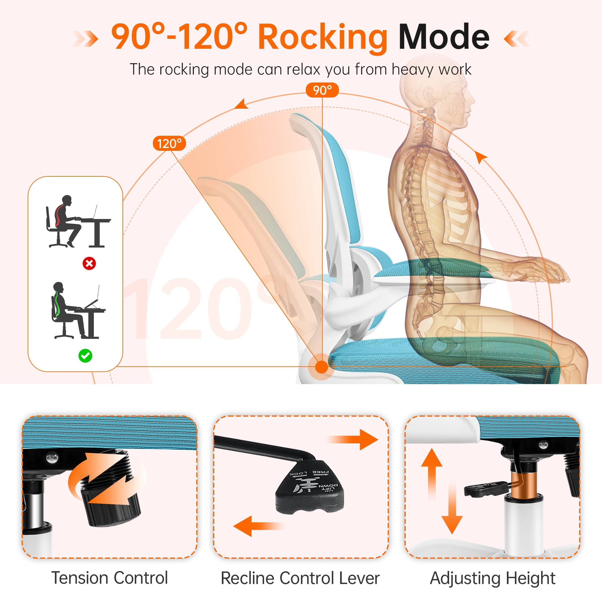 COOLHUT Office Chair, Ergonomic Desk Chair with Lumbar Support and Adjustable Armrests, Breathable Mesh Computer Gaming Chair, Reclining Task Chair for Home Office, Blue