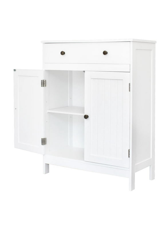 Zimtown White Wooden 2-Door Bathroom Cabinet Storage Organizer with 2 Shelves& 1 Drawer Free Standing