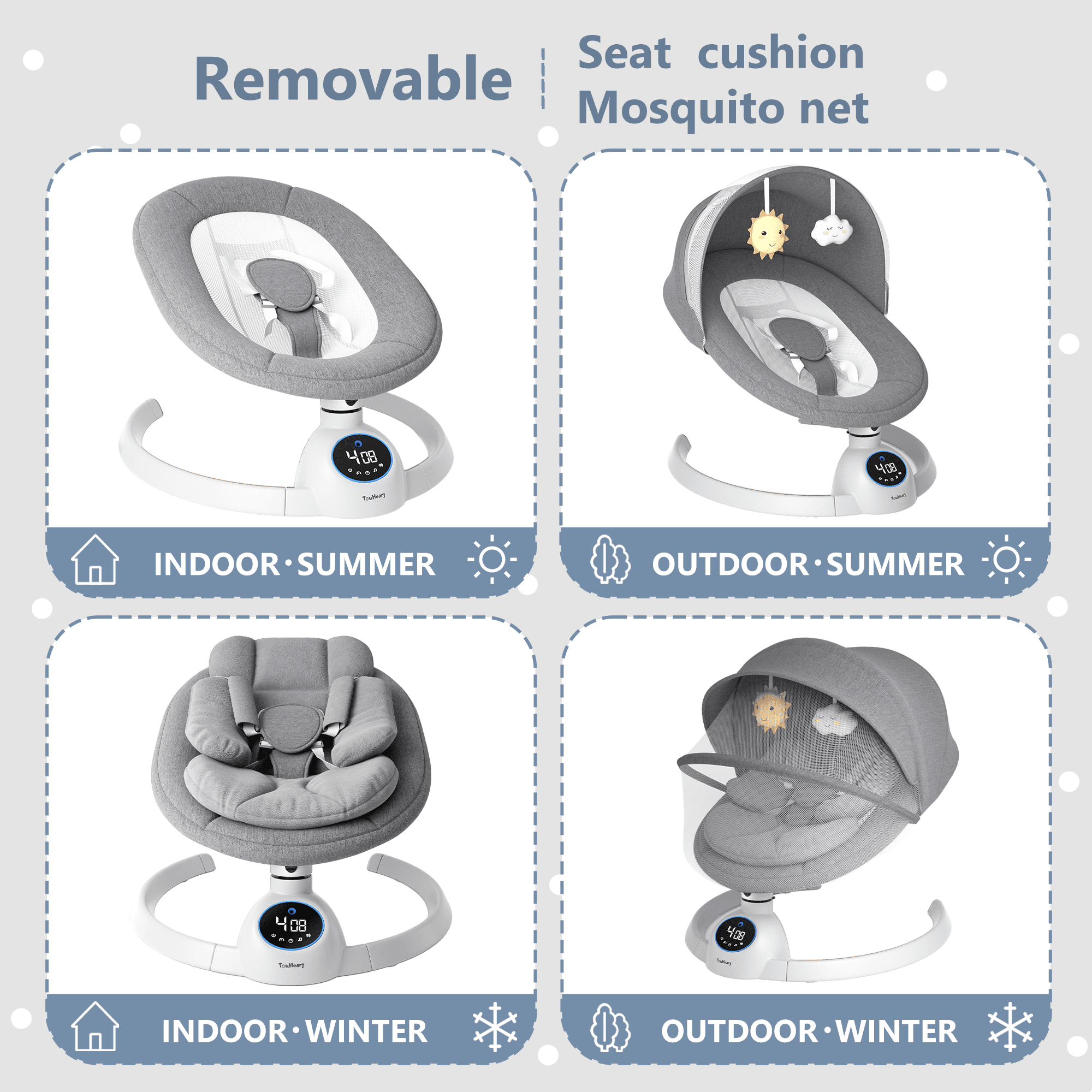 TouHeart Electric Baby Swing, Infant Rocker with Bluetooth & Remote,5 Speeds,10 Lullabies,3 Timing, Gray