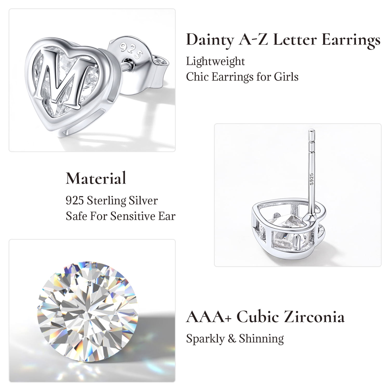 U7 Initial Heart Stud Earrings for Women Letter M Earring Sterling Silver Hypoallergenic Studs CZ Earring Jewelry for Mom Daughter Birthday Mother's Day Gift