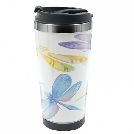 

Dragonfly Travel Mug Watercolor Winged Bug Steel Thermal Cup 16 oz by Ambesonne