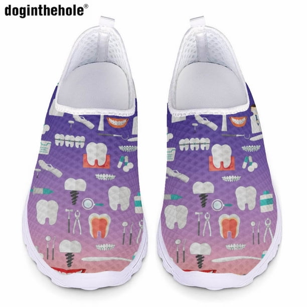 Doginthehole - Zapatos planos con estampado de enfermera dental y dibujos animados de colores degradados para mujer, zapatillas informales de verano para hospital, zapatillas de malla para enfermería
