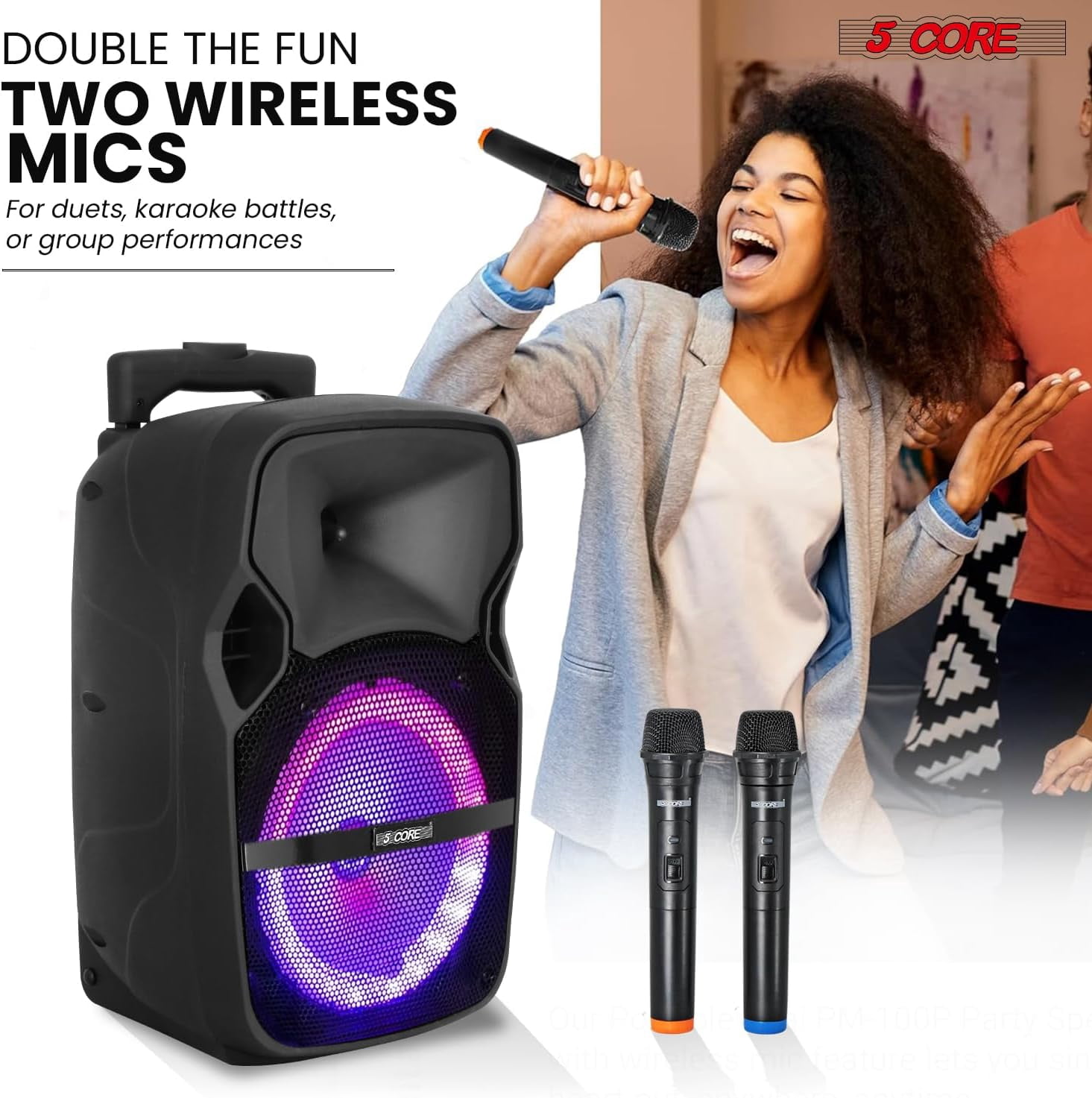 8" Portable Bluetooth Party Speaker with 2 Wireless Mics – 250W Rechargeable PA System, Karaoke Boombox & Tripod Stand for Outdoor Events