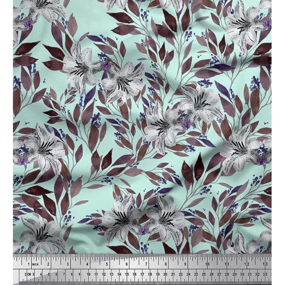 Soimoi Green Japan Crepe Satin Fabric Leaves & Lily Floral Printed Craft Fabric by the Yard 42 Inch Wide