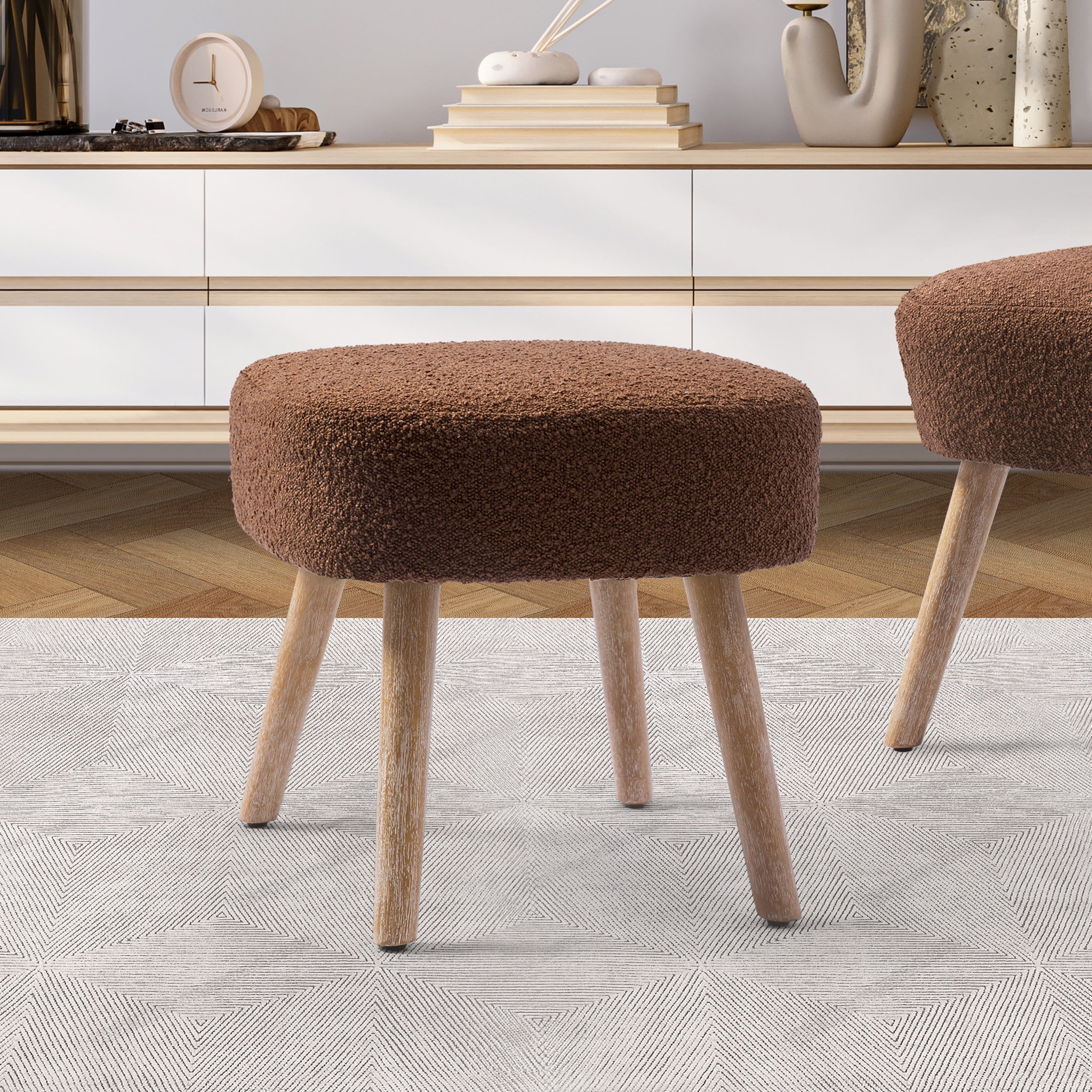 Mid-Century Modern 16.5" Tall Water and Stain Resistant Boucle Fabric Upholstered Ottoman with Wooden Legs, Rust Orange
