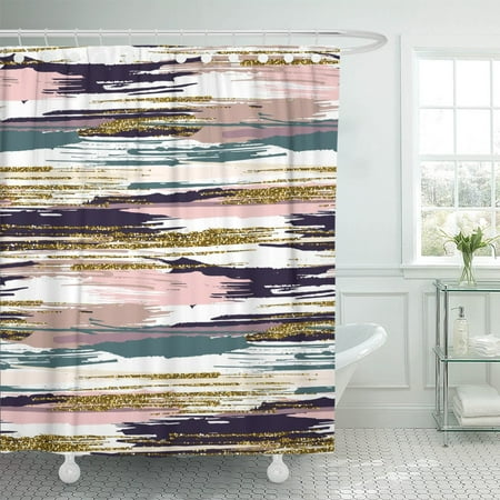 Green And Black Shower Curtain PKNMT Brush Strokes and Stripes Hand Black Gold Pink Green Polyester Shower Curtain 60x72 inches ()