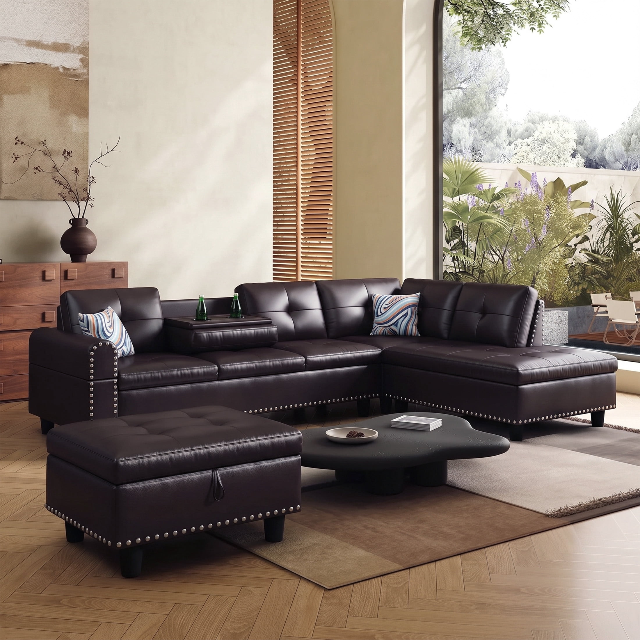 AENKYO 98" L-Shaped Sectional Sofa with Reversible Chaise, Storage Ottoman & Cup Holders, Faux Leather, Brown