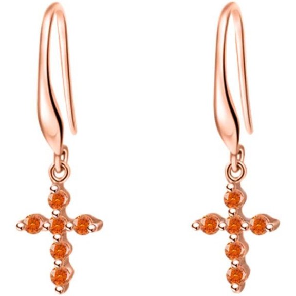 925 Sterling Silver 14K Rose Gold Plated Round Cut Orange Sapphire Birthstone Cross Charm Hook Dangle Drop Earrings Gift for Women