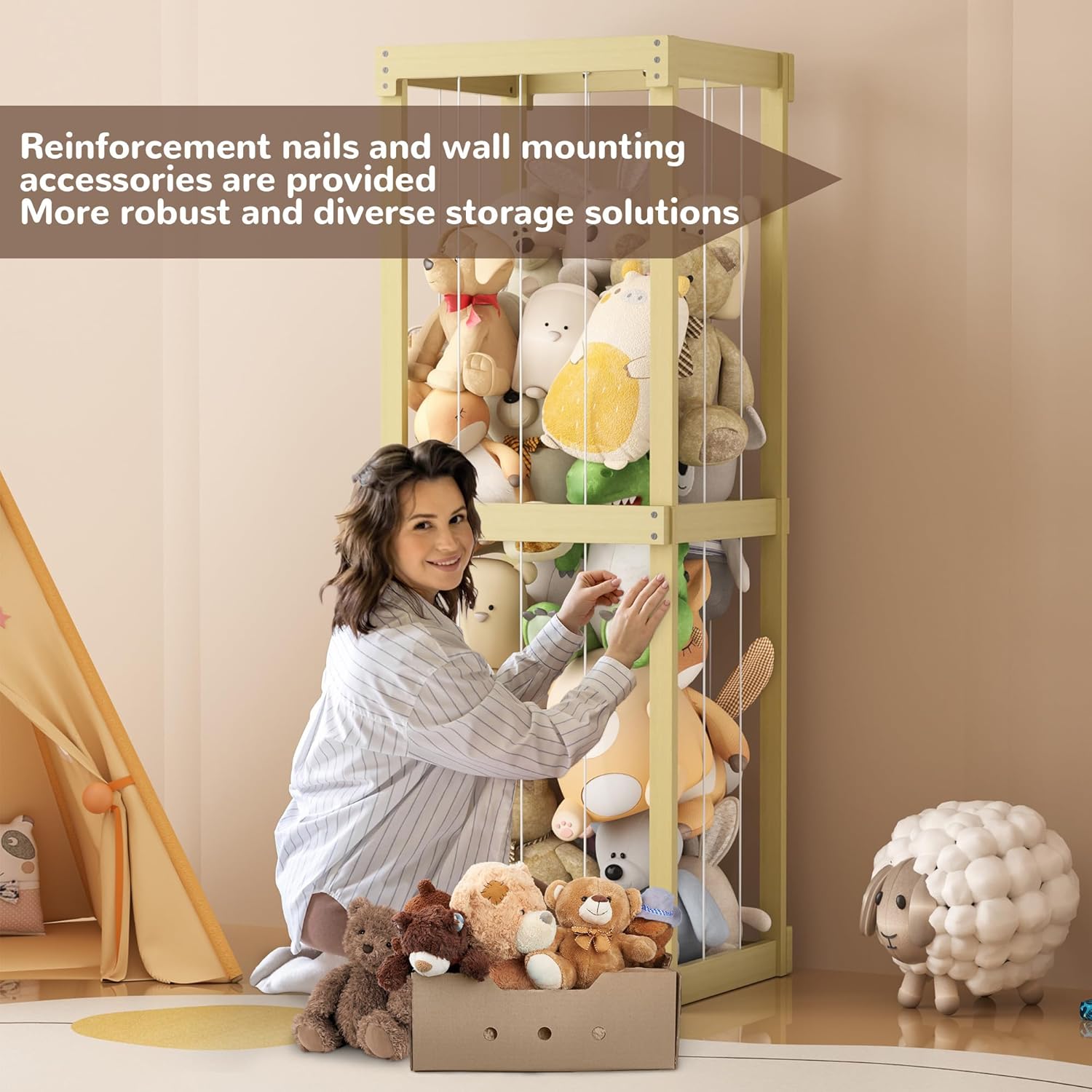 Organizer Per Peluche Extra Large Ad Angolo – In Legno Di Pino Naturale Con Cordino Elastico – Contiene Fino A 200 Giocattoli