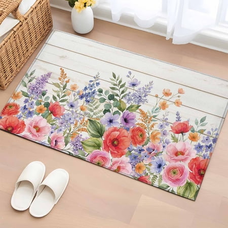 Area Rug 2x3ft Watercolor Flowers on Farm Wood Washable Rugs for Living Room Bedroom Country Floral Soft Non-slip Area Rugs Rectangle Floor Carpet for Dining Room