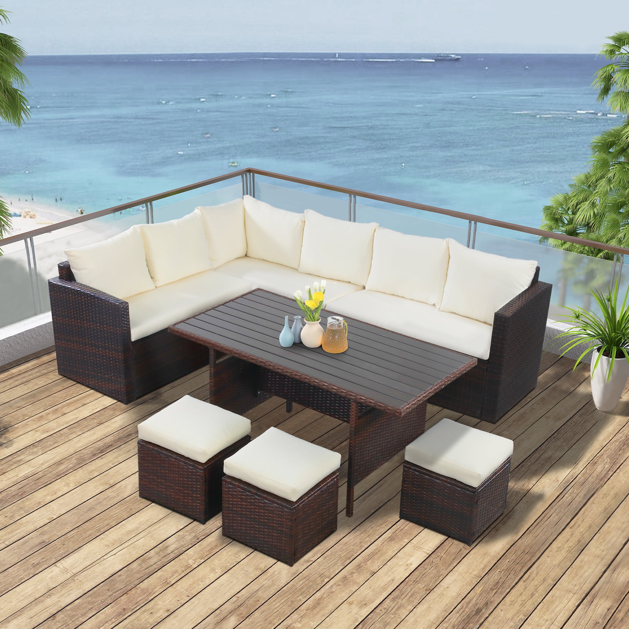 Superjoe 7 Piece Outdoor Patio Furniture Set, Dining Sectional Sofa