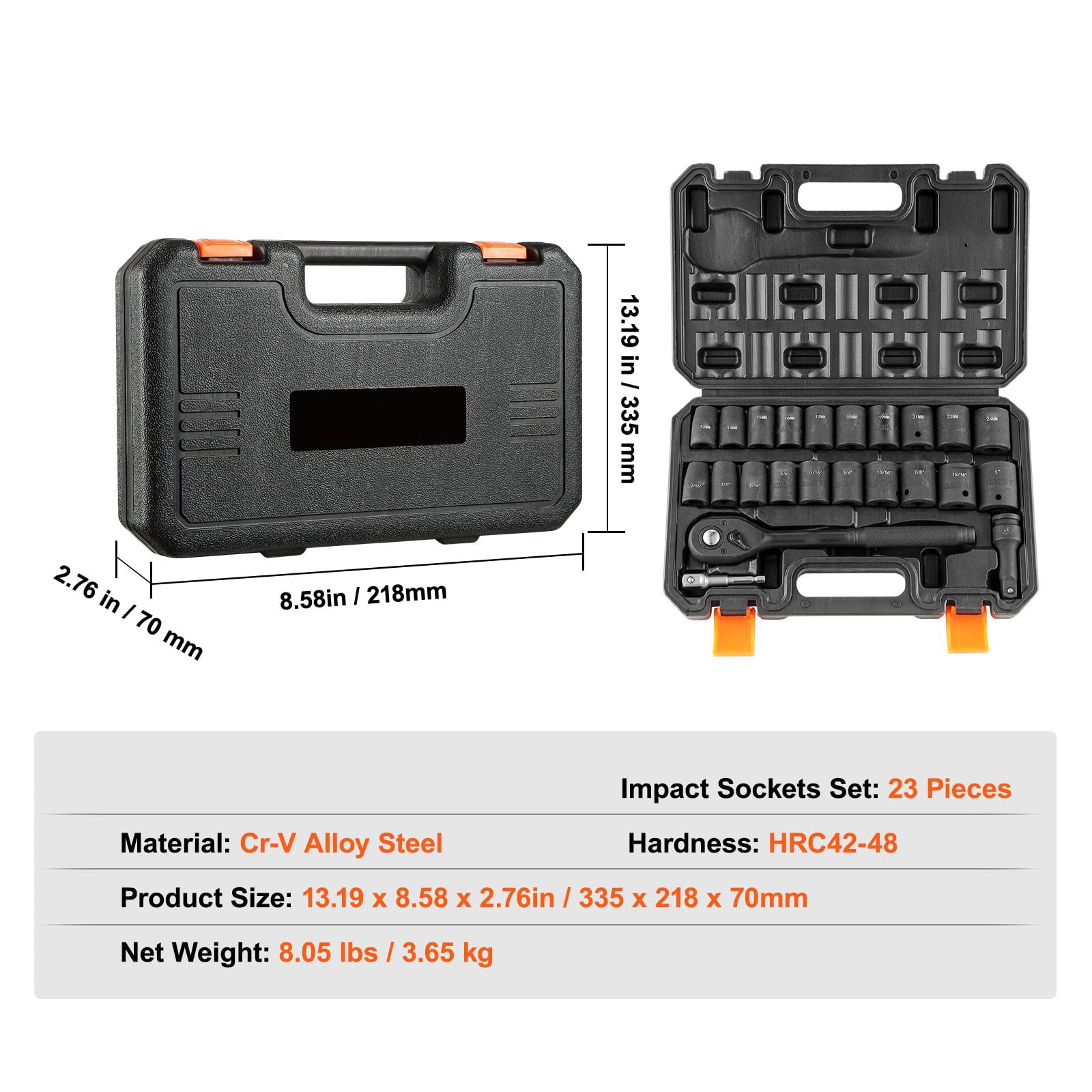 1/2" Drive 23-Piece Impact Socket Set, SAE & Metric 6-Point Cr-V Steel, with Ratchet Handle & Case, for Auto, Truck, and Home Repairs SAE (7/16" -1")& Metric (13-24mm)