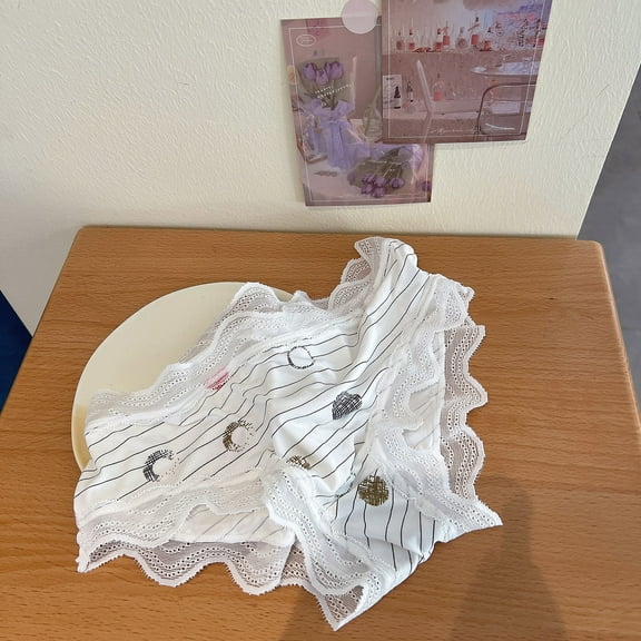 Lolmot Ladies Japanese Sexy Lace Trim Fruit Print Embroidered Panties Seamless Mesh Briefs Ice Silk Seamless Low Waist Large Size Cute Print Wavy Triangle Briefs