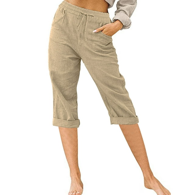 Jsaierl Linen Capris for Women Drawstring High Elastic Waisted Lounge Straight Leg Pants Plus Size Solid Color Leggings with Pockets