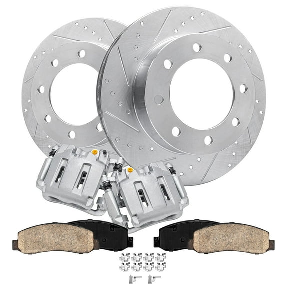 Detroit Axle - Front Brake Kit for 4WD 2005-2012 Ford F-250 Super Duty, 2005-2007 F-350 Super Duty Drilled Slotted Brake Rotors Ceramic Brakes Pads Brake Calipers Replacement