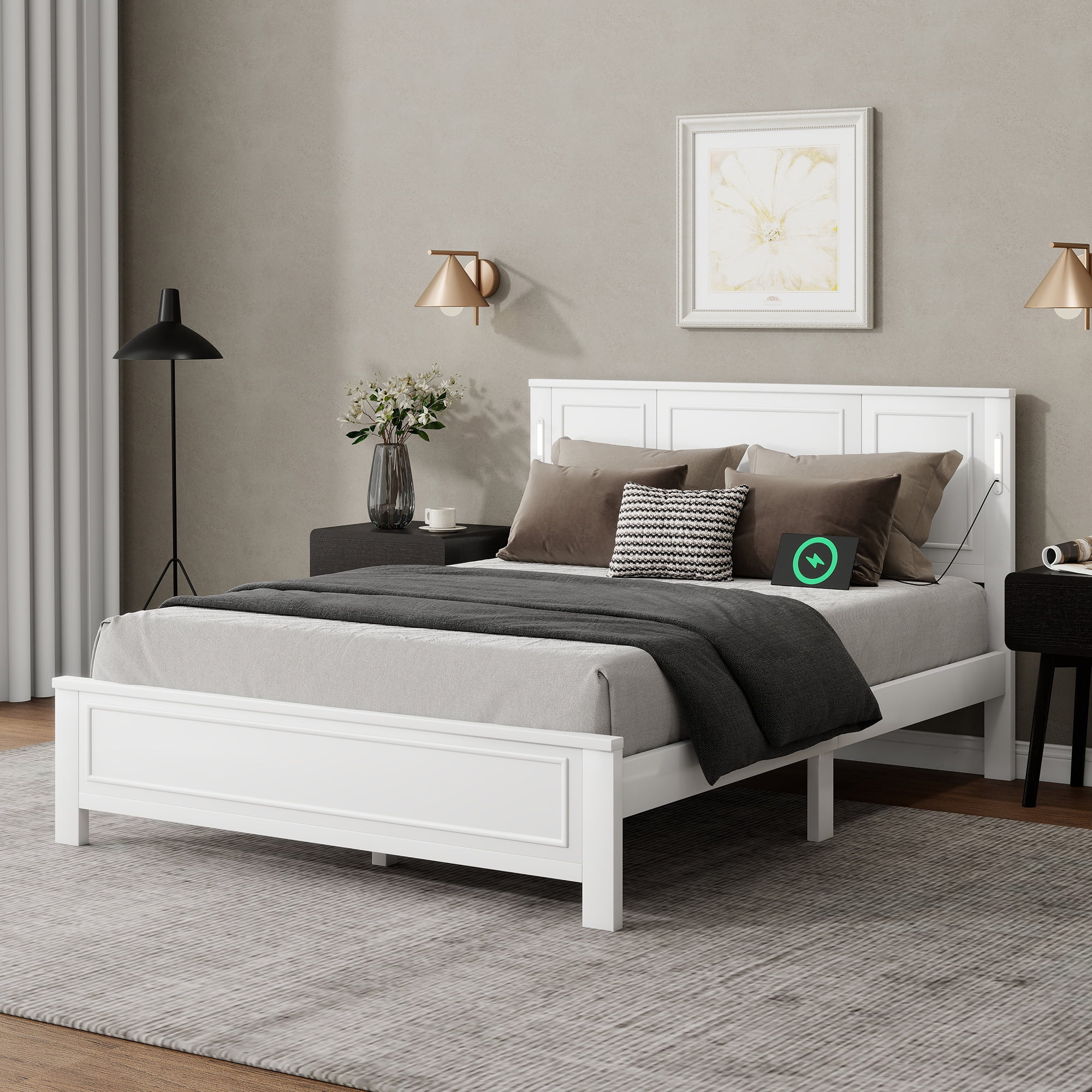 Mintazer Queen Size Bed Frame with LED Light & USB Charging Station, Modern Platform Bed with Under-Bed Storage & Tall-Panel Headboard, White