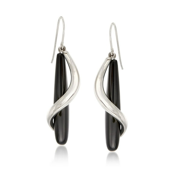 Ross-Simons Black Onyx Teardrop and Sterling Silver Spiral Drop Earrings, Women's, Adult