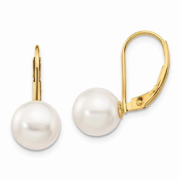 Primal Gold 14 Karat Yellow Gold 8-9mm White Round Saltwater Akoya Cultured Pearl Leverback Earrings