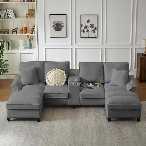 Resenkos 120" U-Shaped Sectional Sofa Bed, Corduroy 4-Seater with Storage and Cup Holders, Gray