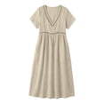 thumbnail image 6 of Kilaqueen Women's Lace Trim V-Neck Midi Dress Short Sleeve High Waist Casual Elegant Flowy Dress Boho Beach Eyelet Long Dresses, 6 of 9