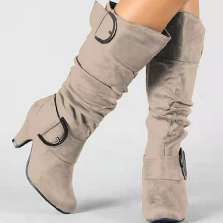 

symoid Womens Mid Calf Boots- Winter Warm High Heel Straight Leather Belt Buckle Suede Thick Heel Knight Boots Beige 41