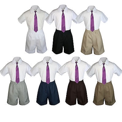 

3pc Set Boy Toddler Formal Party Eggplant Necktie White Black Khaki Shorts S-4T