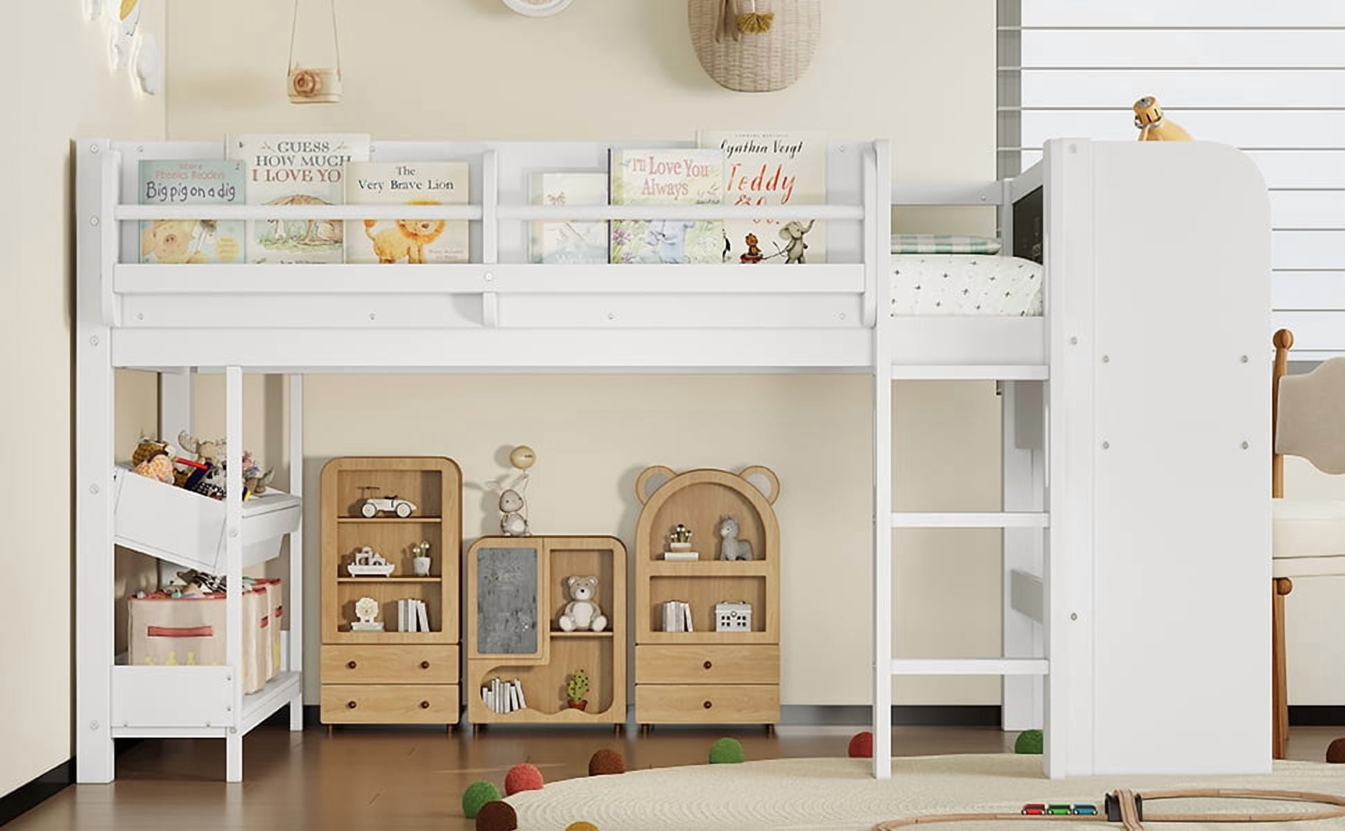 Mintazer Twin Low Loft Bed with Desk & Blackboard, Kids Loft Bed with Storage Drawers, No Spring Box Needed, White