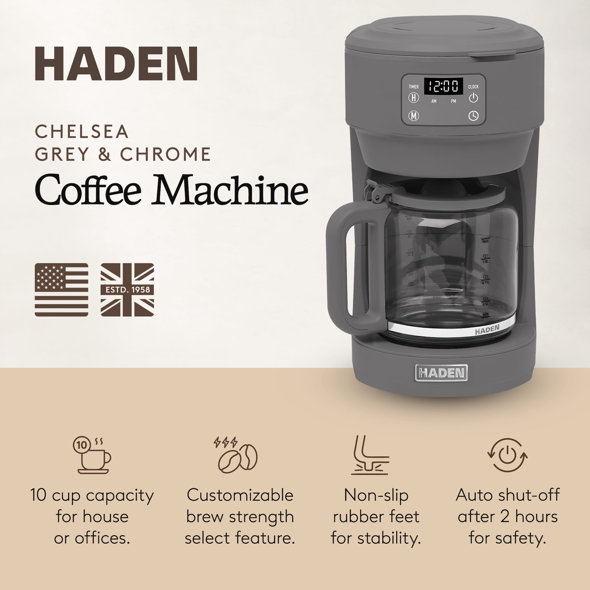 Haden Chelsea 10 Cup Digital Drip Coffee Maker with Glass Carafe, Grey