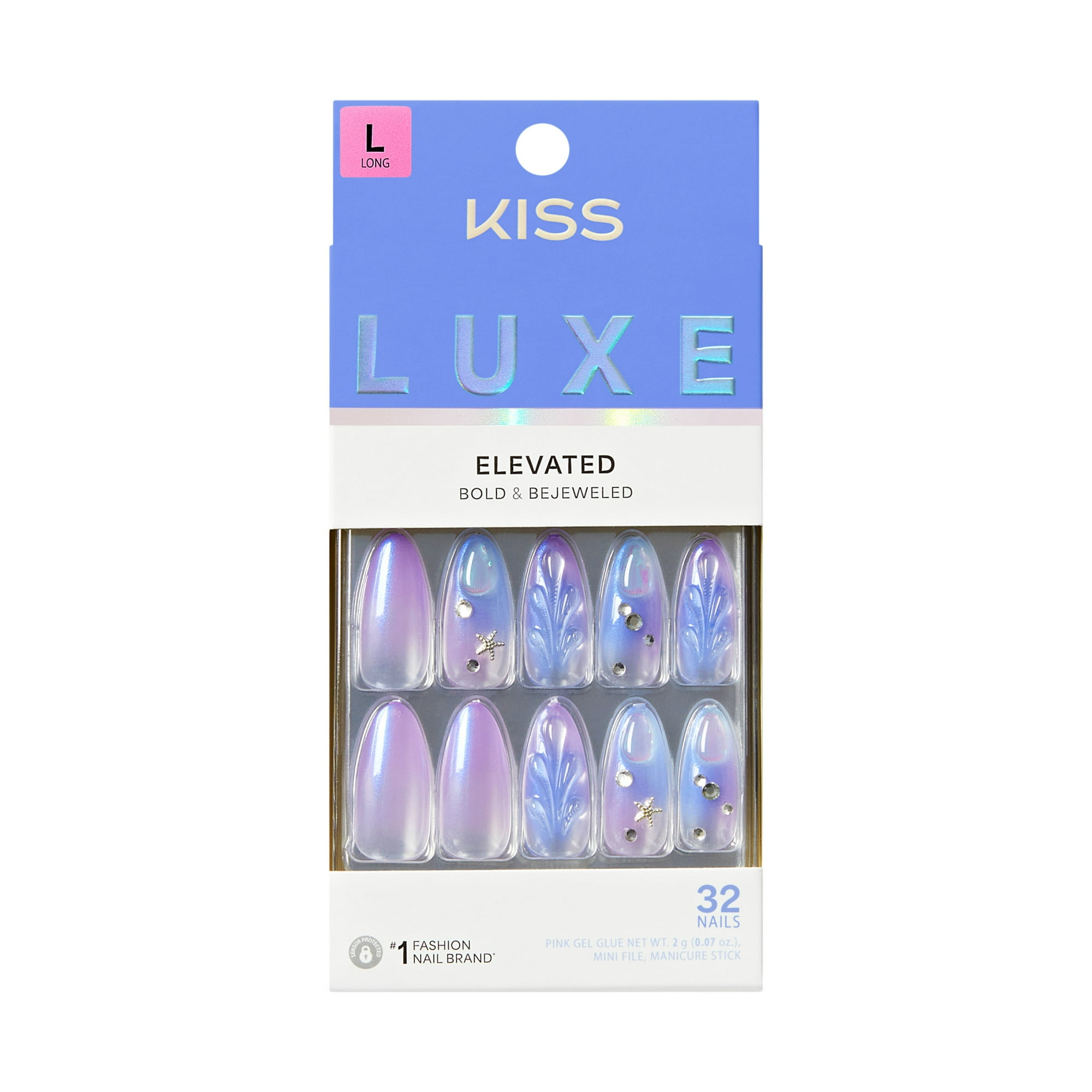 Kiss Luxe Long Almond Press-on Nails, Blue, 32 Pieces