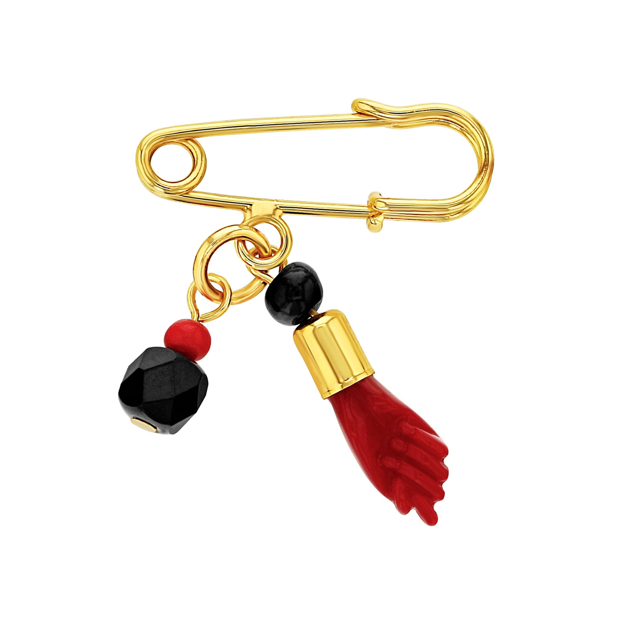 Gold Plated Red Figa Hand Simulated Azabache Evil Eye Protection Baby Pin Brooch