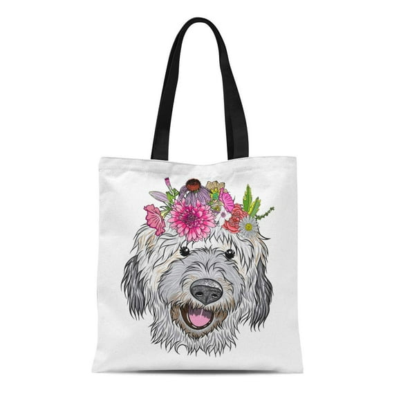 NUDECOR Canvas Tote Bag Small Cute Labradoodle Puppy Girl Wearing Exotic Floral Wreath Reusable Shoulder Grocery Shopping Bags Handbag