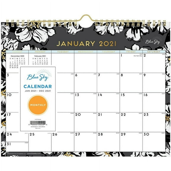 Blue Sky, BLS116052, Baccara Dark Floral Monthly Wall Calendar, 1 Each, Black,Gold