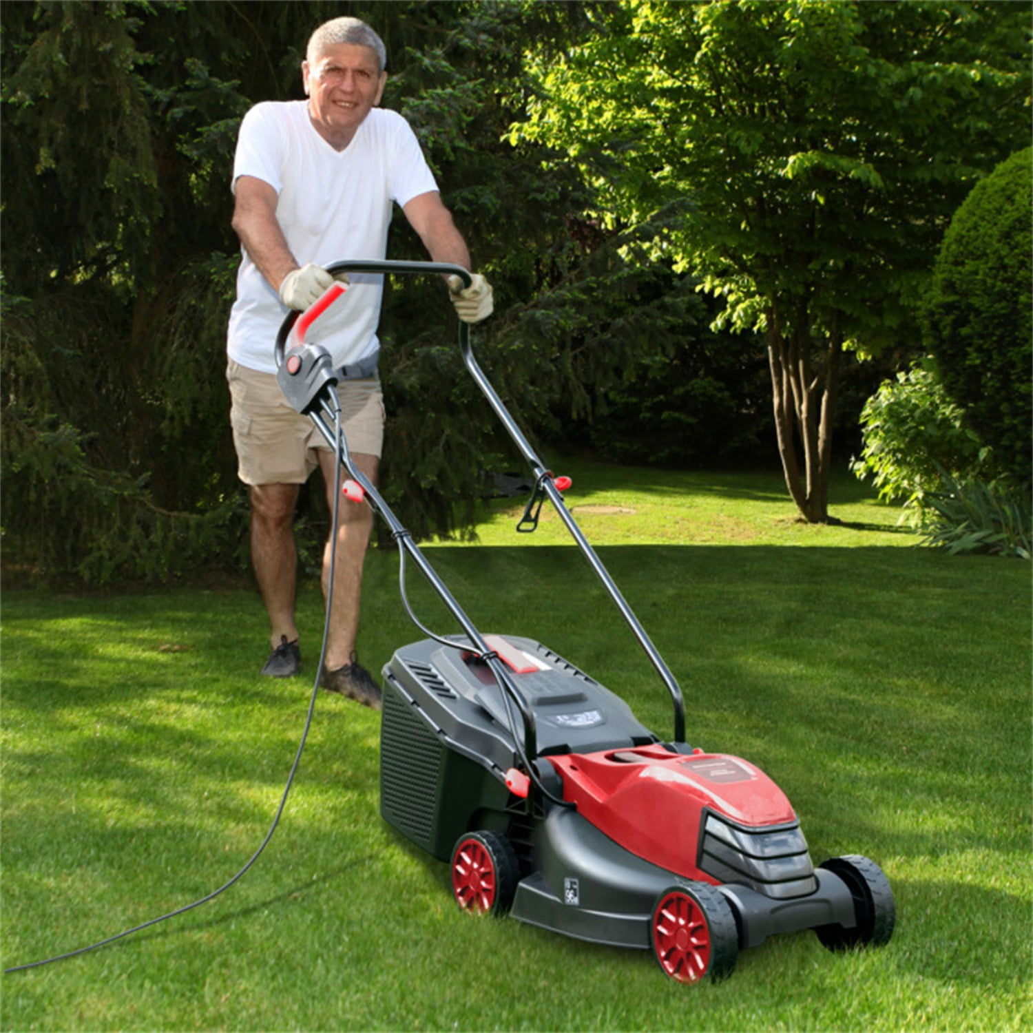 12 ampere 13.5 inch electric rope lawn mower with dual safety switches -Red