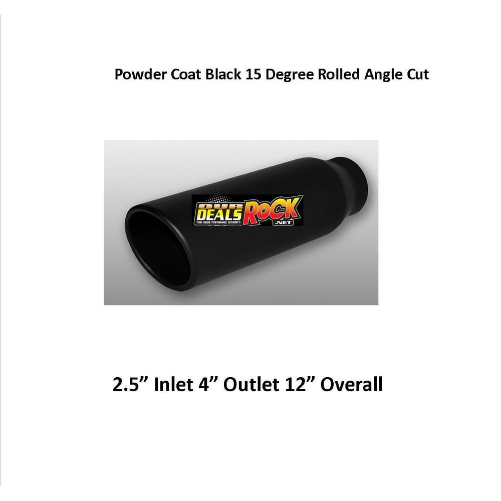 Flat Black Exhaust Tip Long 2.5" Inlet 4" Outlet 12" L Rolled Angle Cut