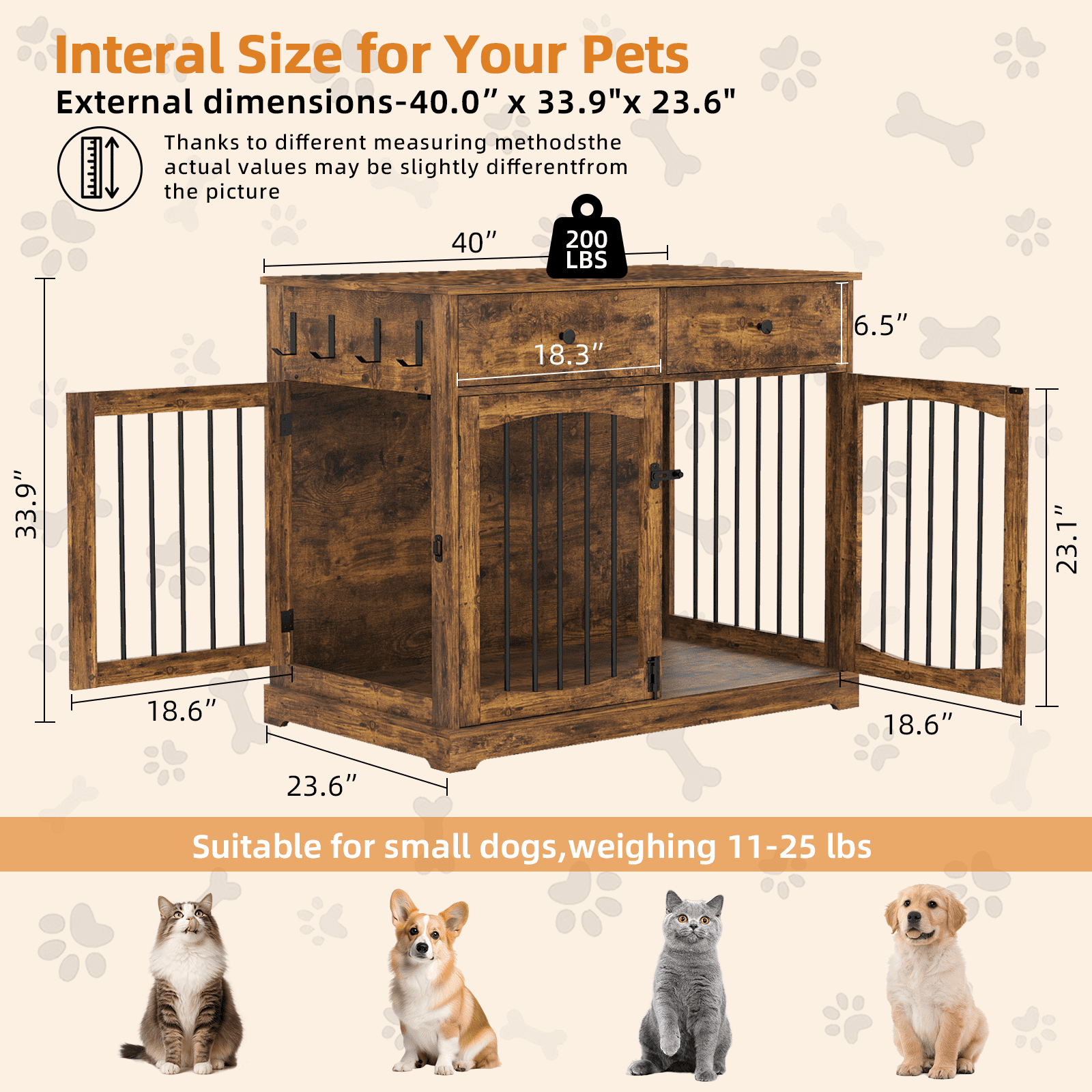 Flictozena 40 Inch Dog Crate Furniture - House Style Wooden Pet Kennel with 2 Doors for Indoor Large Dogs, Brown