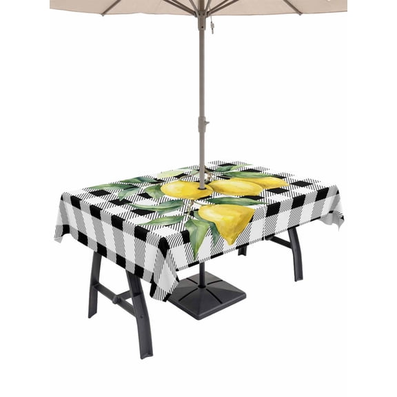 Outdoor Tablecloth with Umbrella Hole for Patio/Picnic/Party/Camping, Summer Lemons Waterproof Table Cloth Rectangle Table Cover Washable, White Black Plaid Farmhouse Tropical Fruits (52"x 70")