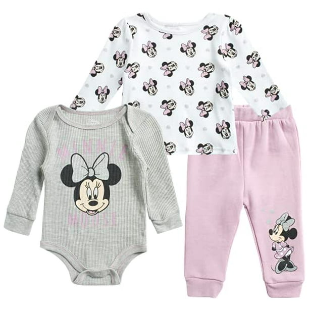 Baby Girls Minnie Mouse Jogger Set 3 Piece Bodysuit Long Sleeve Shirt Fleece Pant Set Size 6 9M Minnie Mauve Light Grey White Walmart