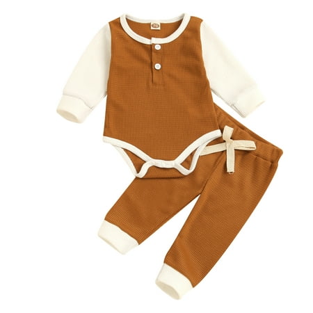 

Toddler Outfits Sets For Teens Baby Girls Boys Long Sleeve Splice Knitted Ribbed Romper Tops Pants 2Pcs Kids Clothes Suit