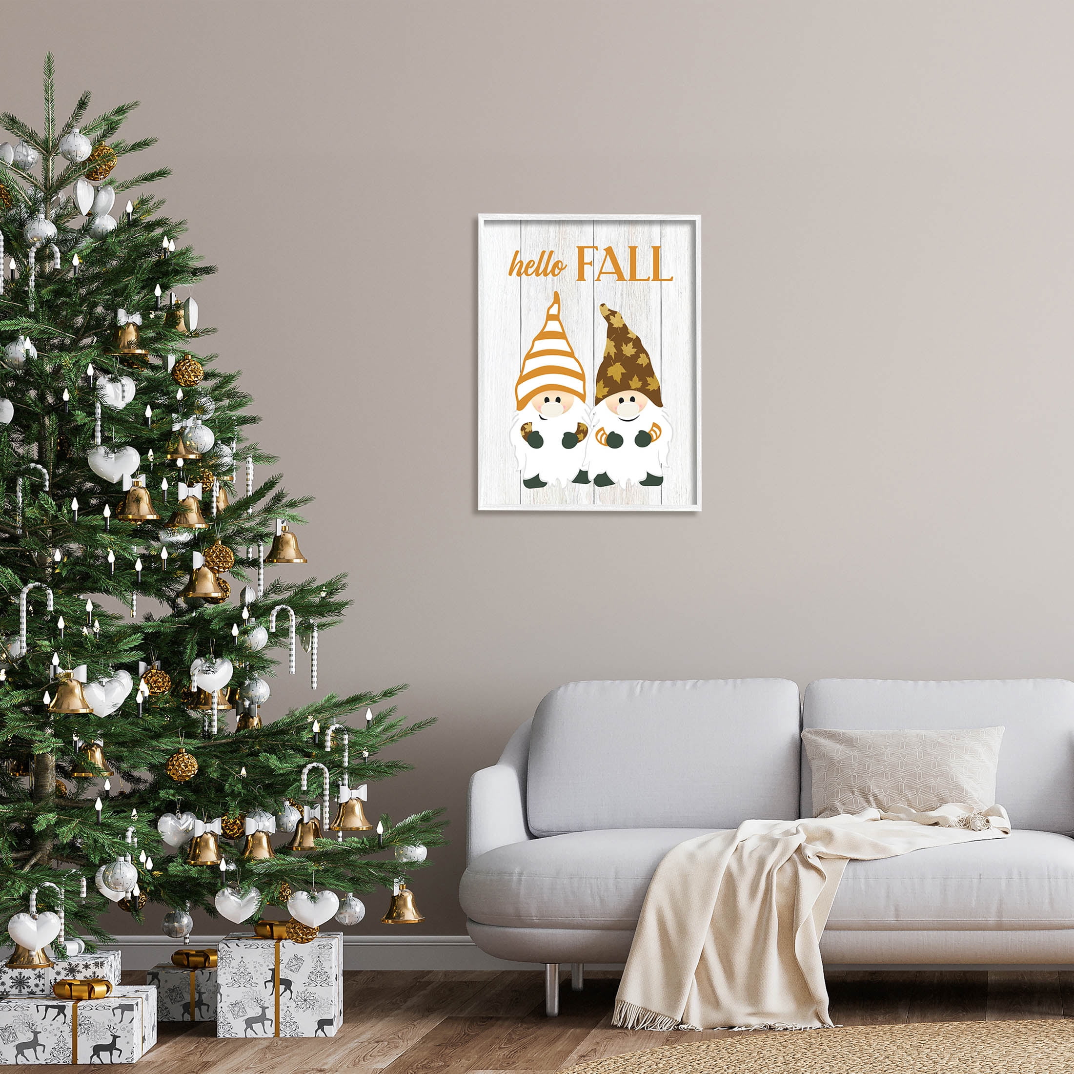 Stupell Industries Hello Fall Whimsical Gnomes Graphic Art White Framed Art Print Wall Art, Design by CAD Designs