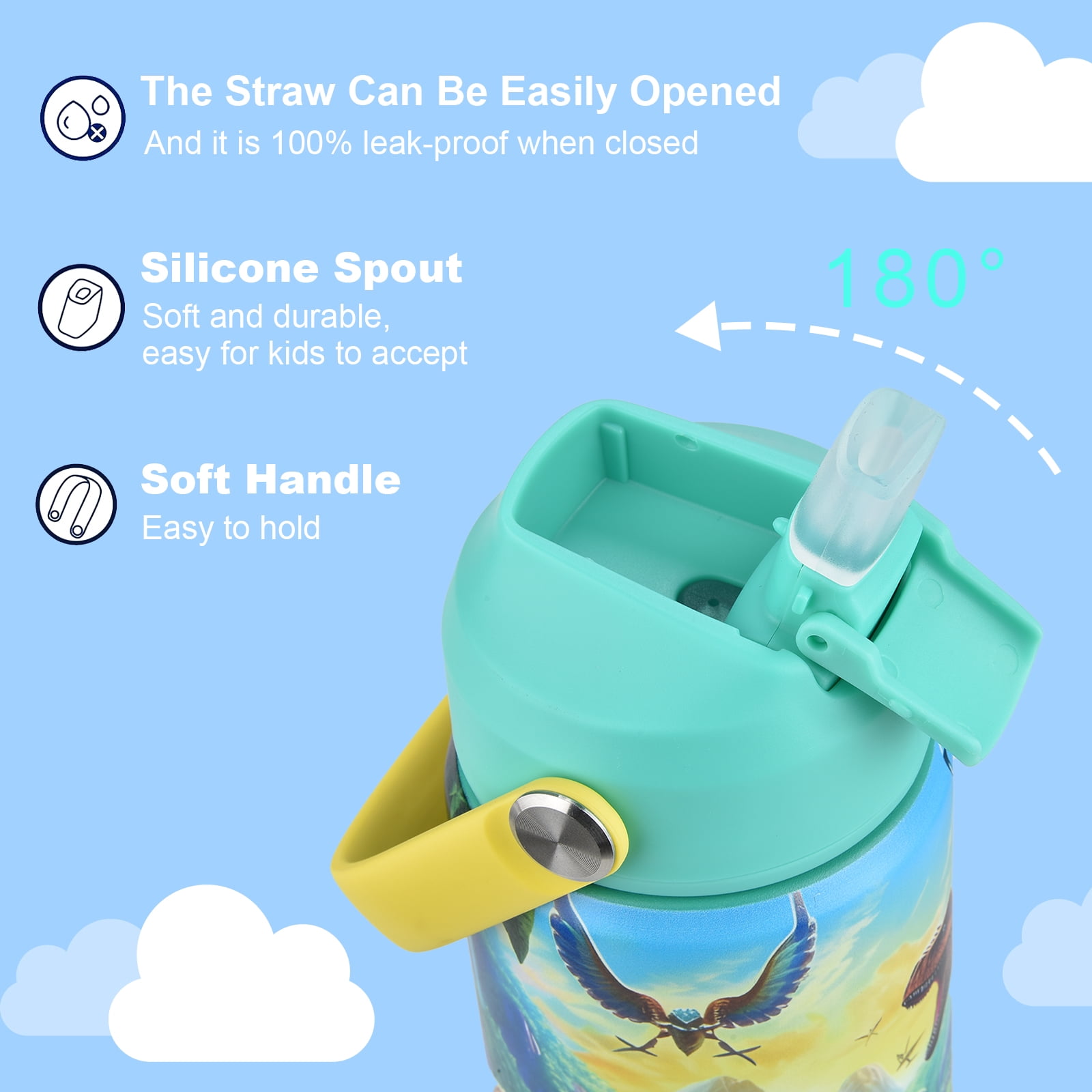 CaseTown 12oz Kids Insulated Water Bottle, Leak-proof Toddler Cup With Straws Lids, Kids Water Bottles For School Boys Girls, Stainless Steel Vacuum Insulated Bottle For Kids (Dinosaur)