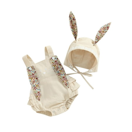 

Infant Baby Girls Easter Short Romper Sleeveless Floral Print Suspender Playsuit With Bunny Ear Hat