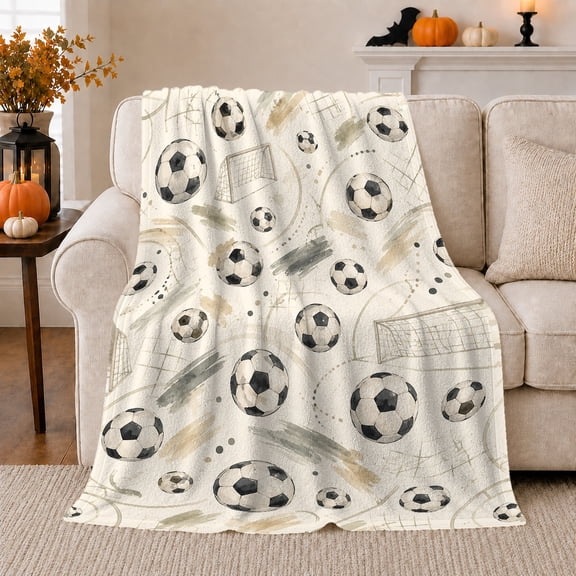 Scattered Soccer Balls With Goals And Brushstrokes, Soft Flannel Blanket with Watercolor Sports Collage Print, Housewarming Gift and Home Decor for Bedroom and Living Room