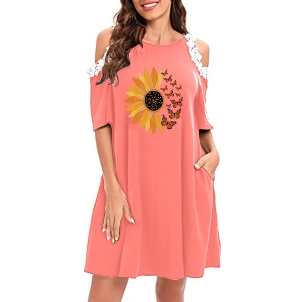 Vestido casual de verano con hombros descubiertos y manga corta con encaje y estampado Forgive para mujer Pompotops ghjkhdj14527