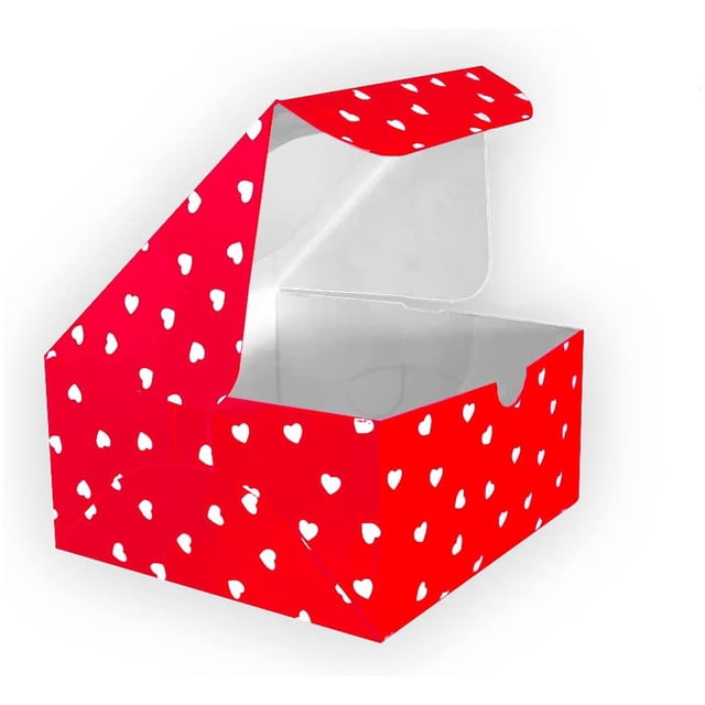 Caja para pasteles - Paquete 50 piezas, Color Rojo, Diseño Corazones, con Ventana de Acetato. Ideal para Pastelillos, Donas, Repostería