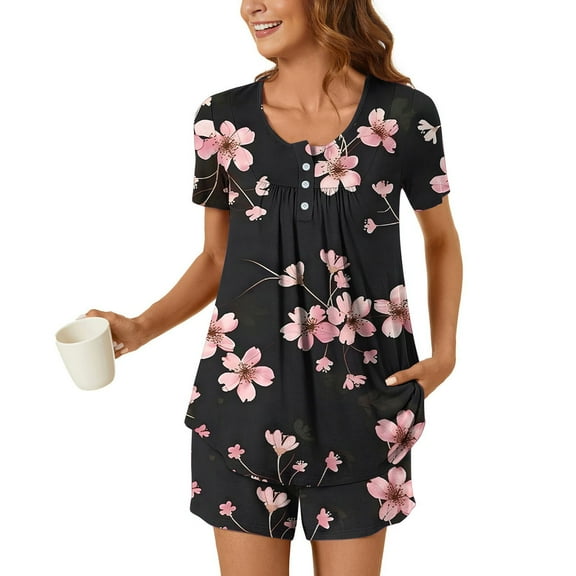Xixinqiwan Womens Plus Size Pajama Sets,Womens Short Sleeve Lounge Set Crew Neck Tops and Shorts Casual Loose Pj Sets Sleepwear with Pockets