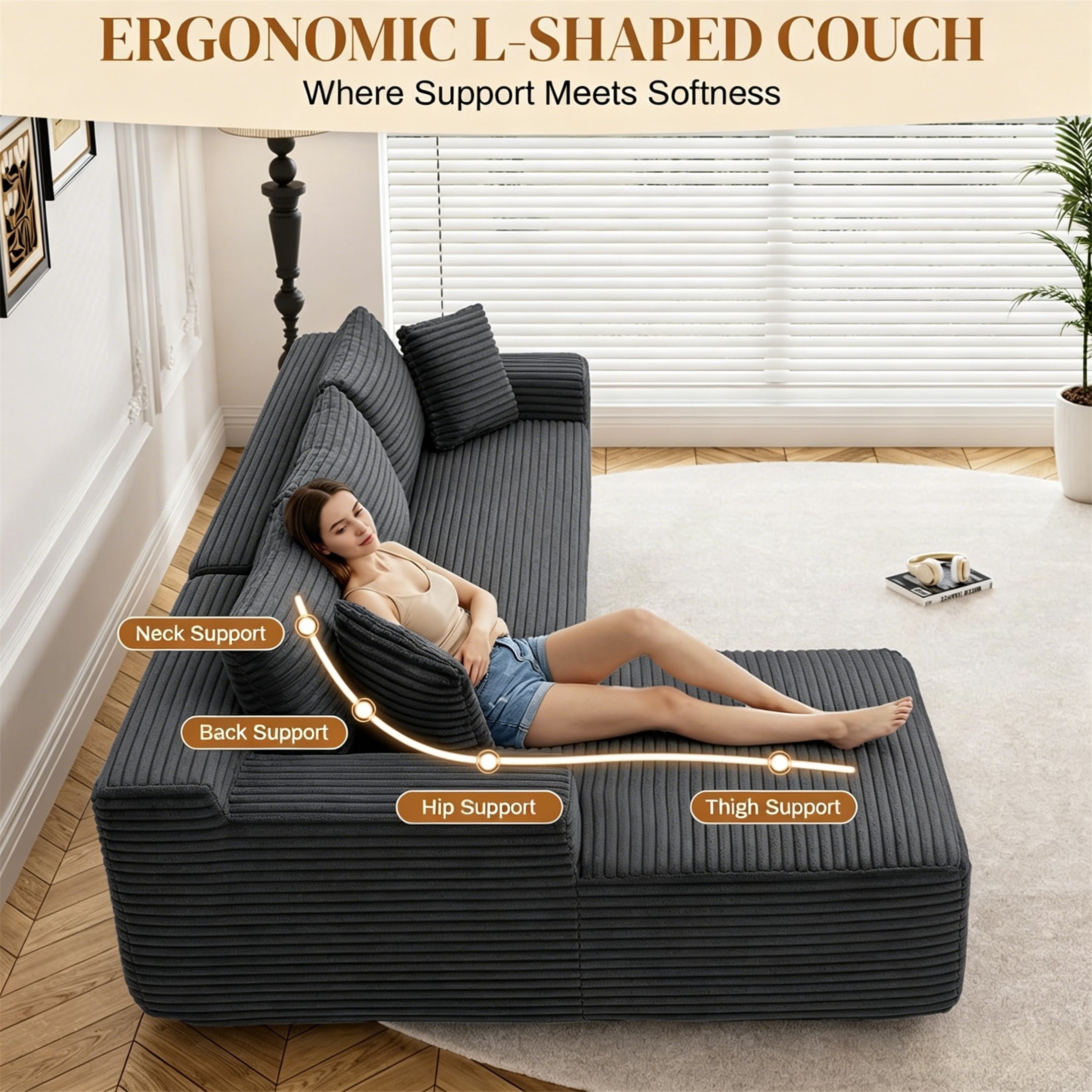 Aukfa 96" Cloud Sectional Sofa Deep Seat Boneless Couch Modular L-Shaped Couch, Left Chaise Corduroy Sofa for Living Room, Dark Gray