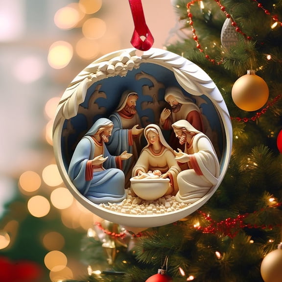 ABPWLY Christmas Nativity Scene Ceramic Hanging Ornaments, Round Ceramic Tree Ornaments, Hanging Decorations,Religious Gift for Christmas Tree Home Indoor Decor